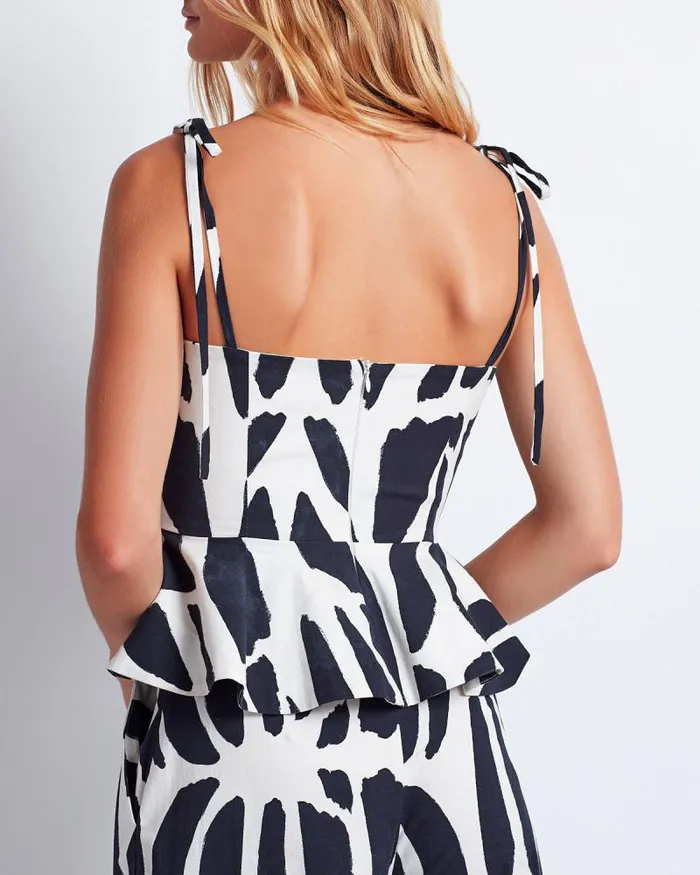Women Tops and Bodysuits PatBO Printed Cotton Peplum Top FINAL SALE Black White