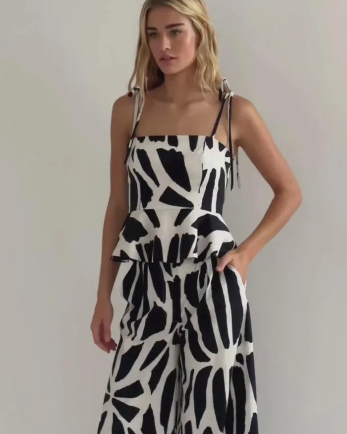 Women Tops and Bodysuits PatBO Printed Cotton Peplum Top FINAL SALE Black White