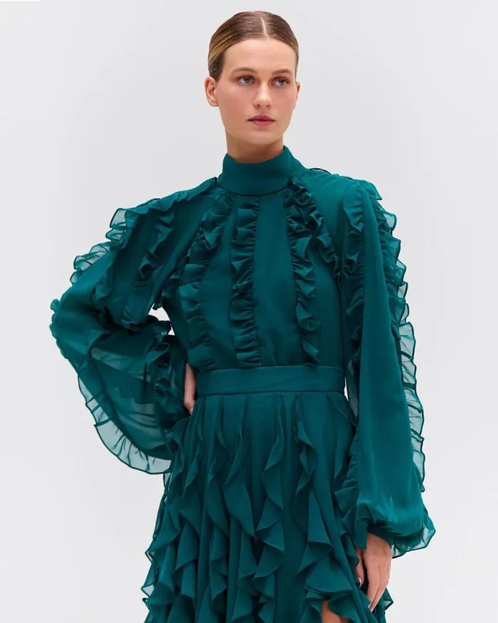 Women Tops and Bodysuits PatBO Ruffle High Neck Blouse FINAL SALE Galapagos