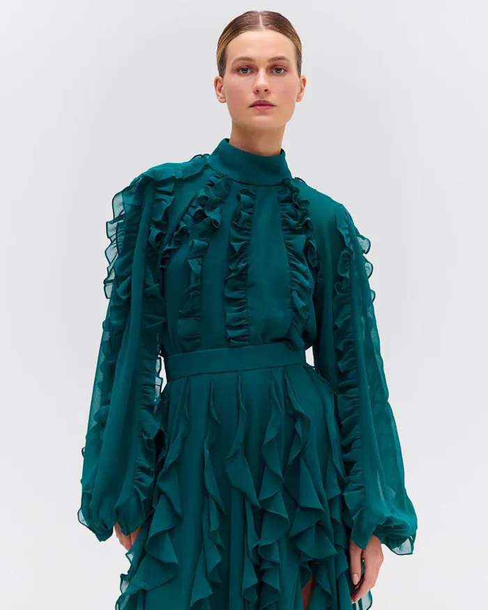Women Tops and Bodysuits PatBO Ruffle High Neck Blouse FINAL SALE Galapagos