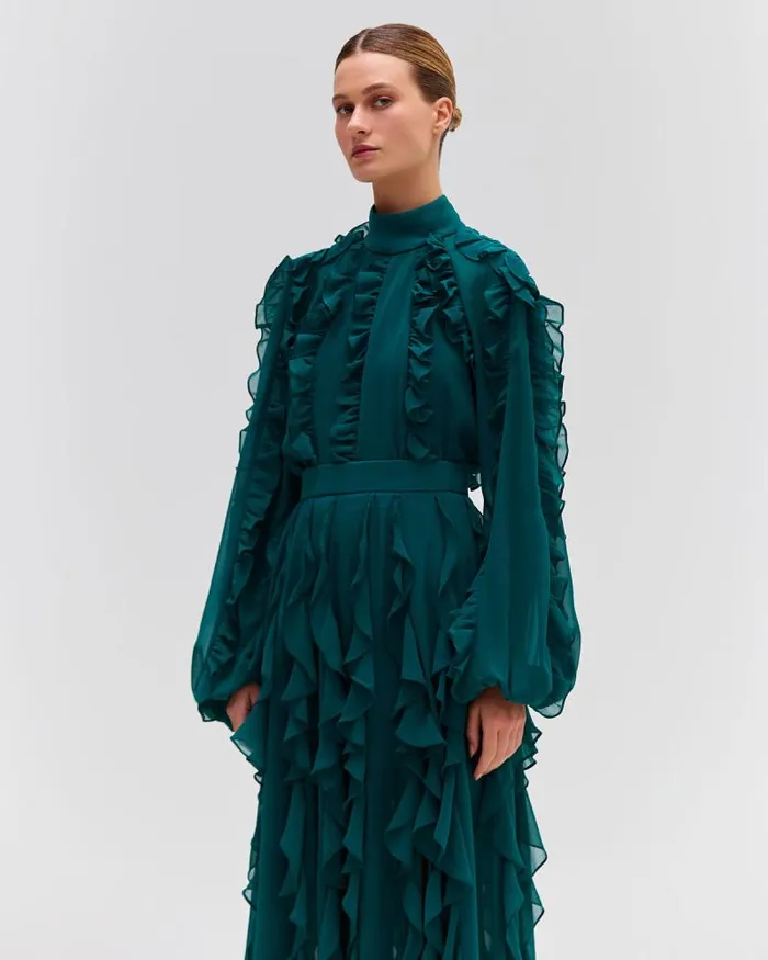 Women Tops and Bodysuits PatBO Ruffle High Neck Blouse FINAL SALE Galapagos