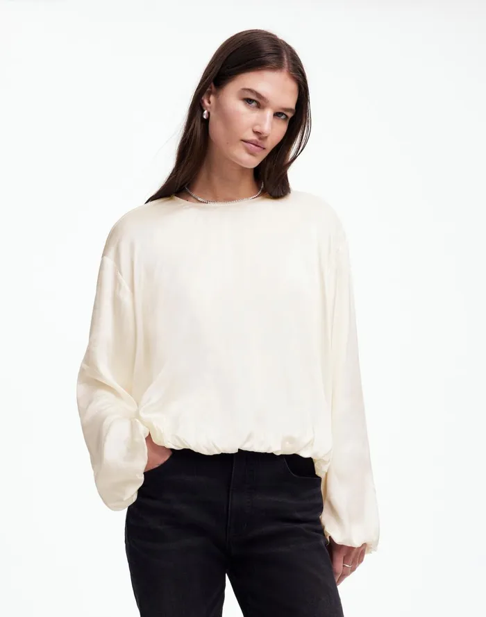 Women Tops and Shirts Madewell LongSleeve BubbleHem Top In Satin Winter White