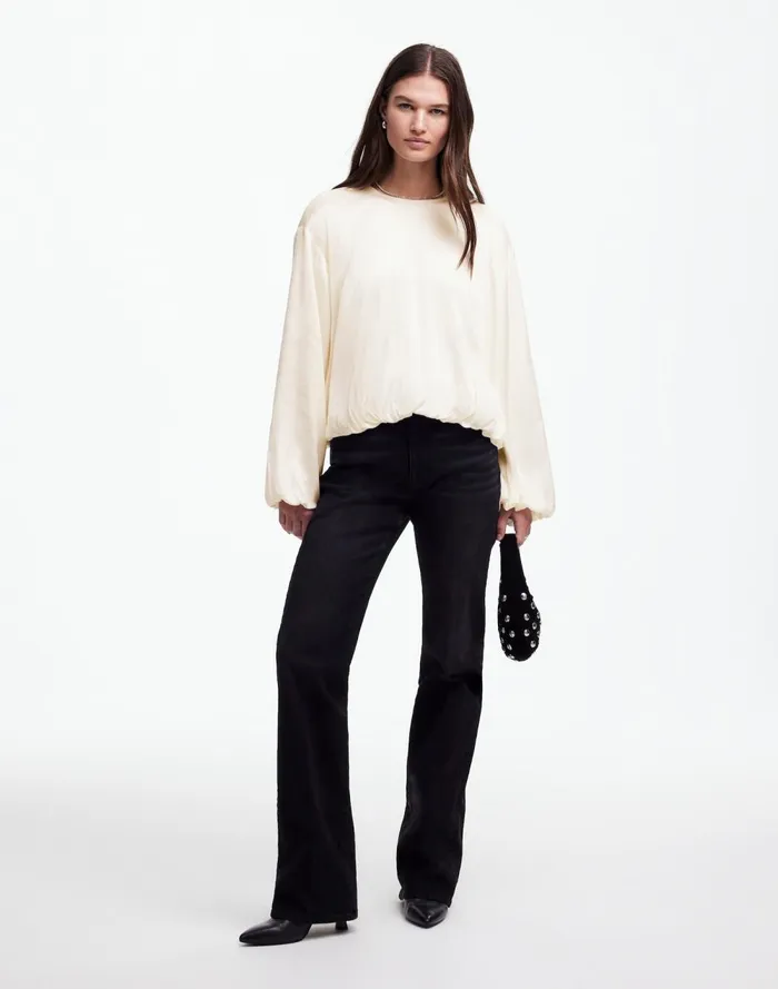 Women Tops and Shirts Madewell LongSleeve BubbleHem Top In Satin Winter White