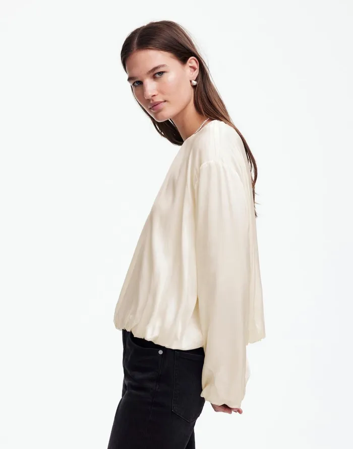 Women Tops and Shirts Madewell LongSleeve BubbleHem Top In Satin Winter White
