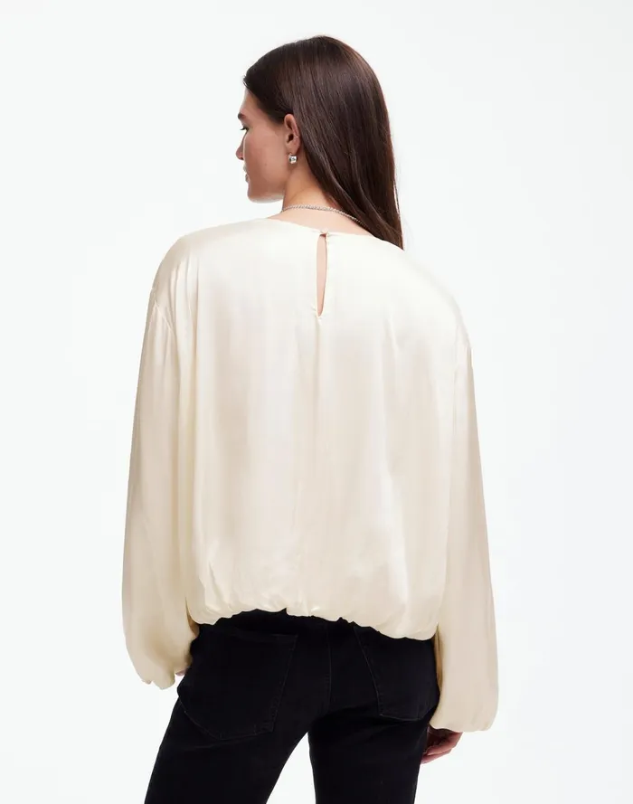Women Tops and Shirts Madewell LongSleeve BubbleHem Top In Satin Winter White