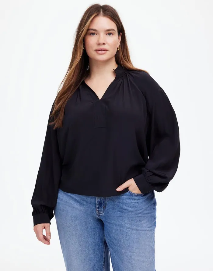 Women Tops and Shirts Madewell Plus Shirred LongSleeve Top In Silk True Black