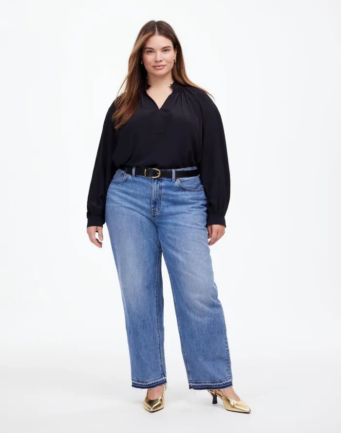 Women Tops and Shirts Madewell Plus Shirred LongSleeve Top In Silk True Black