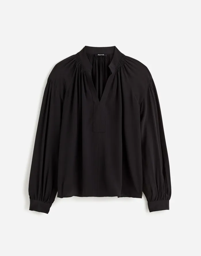 Women Tops and Shirts Madewell Plus Shirred LongSleeve Top In Silk True Black