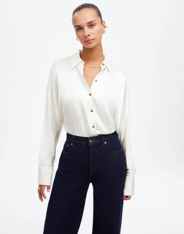 Women Tops and Shirts Madewell Relaxed Dolman ButtonUp Shirt In Satin Winter White