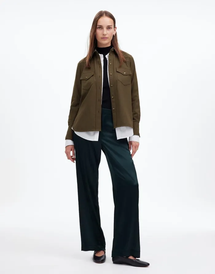 Women Tops and Shirts Madewell Western ButtonUp Shirt In Brushed Twill Dark Olive Melange Women Tops and Shirts Madewell Western ButtonUp Shirt In Brushed Twill Dark Olive Melange