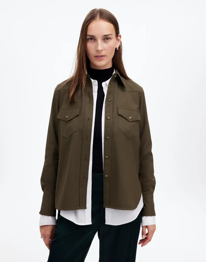 Women Tops and Shirts Madewell Western ButtonUp Shirt In Brushed Twill Dark Olive Melange