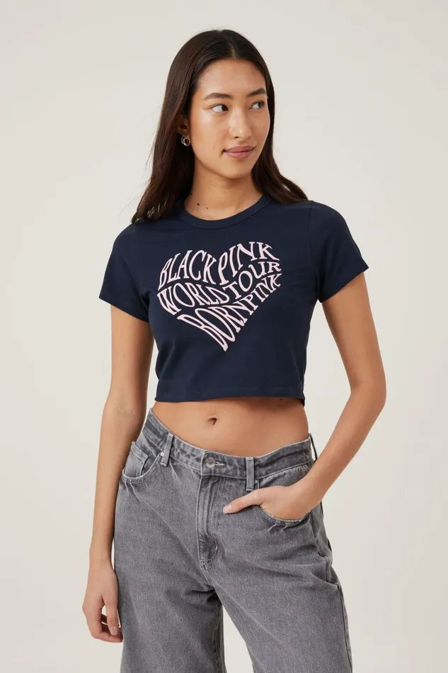 Women Tops Cotton On Crop Fit Graphic License Tee Lcn Br Black Pink World Tourink Navy