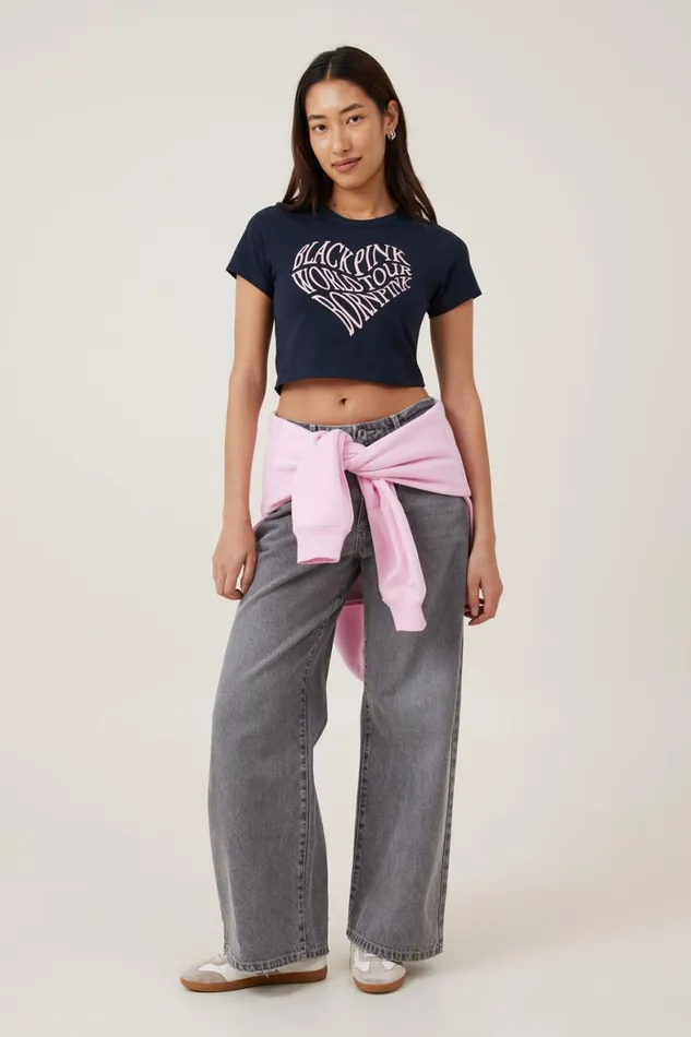 Women Tops Cotton On Crop Fit Graphic License Tee Lcn Br Black Pink World Tourink Navy