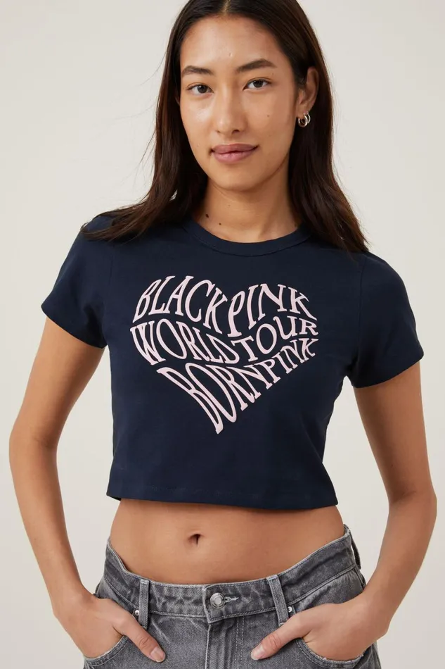 Women Tops Cotton On Crop Fit Graphic License Tee Lcn Br Black Pink World Tourink Navy