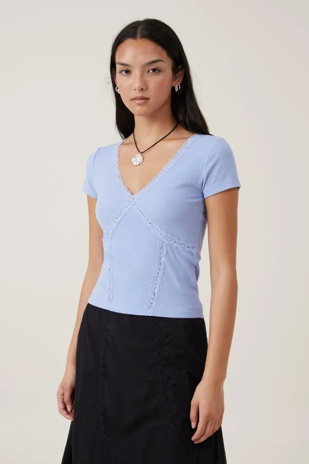 Women Tops Cotton On Daisy Lace Trim Tee Frosted Blue