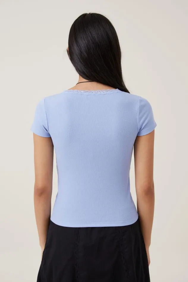 Women Tops Cotton On Daisy Lace Trim Tee Frosted Blue