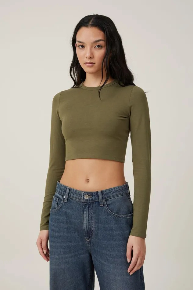Women Tops Cotton On Micro Crop Long Sleeve Top Dark Moss