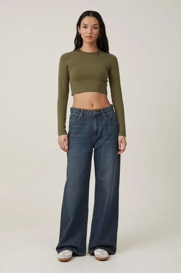 Women Tops Cotton On Micro Crop Long Sleeve Top Dark Moss