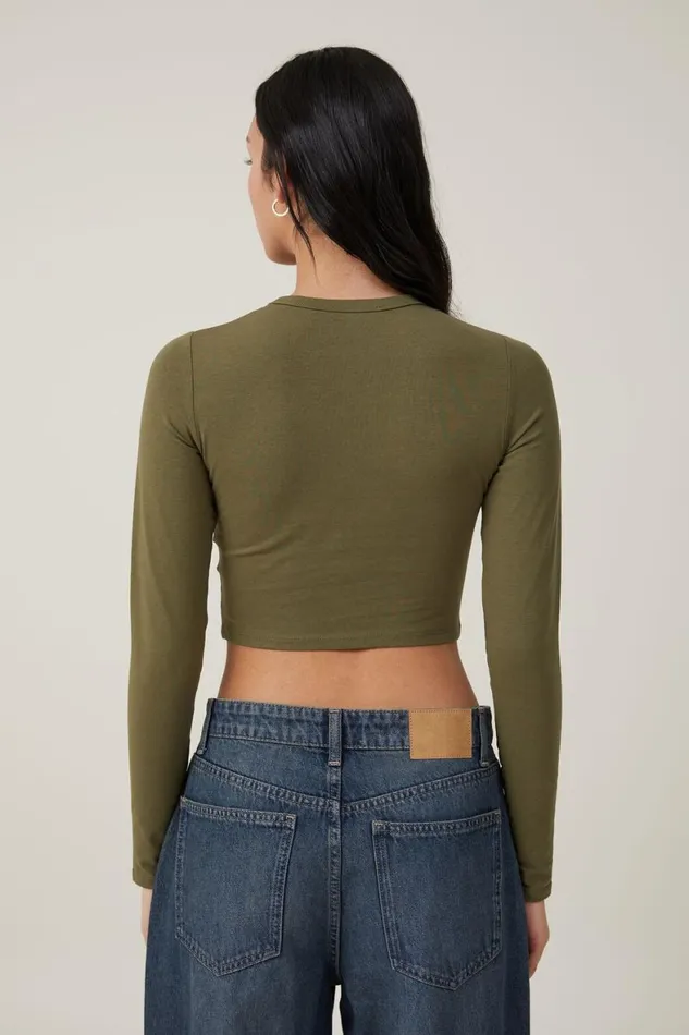 Women Tops Cotton On Micro Crop Long Sleeve Top Dark Moss