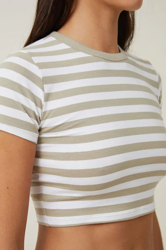 Women Tops Cotton On Micro Crop Tee Izzie Stripe Desert Sagewhite