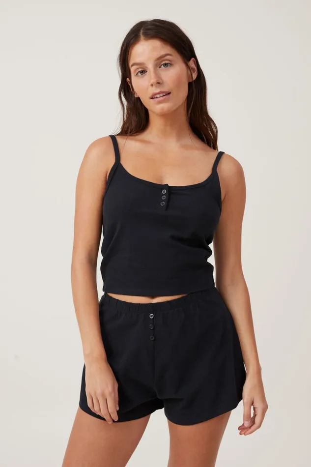 Women Tops Cotton On Peached Jersey Henley Cami Black