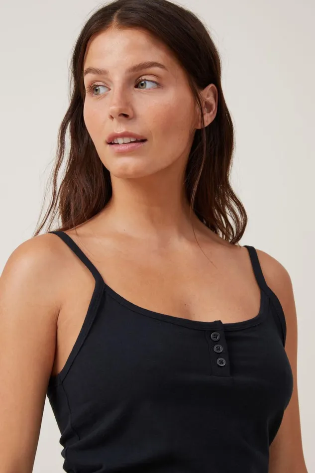 Women Tops Cotton On Peached Jersey Henley Cami Black