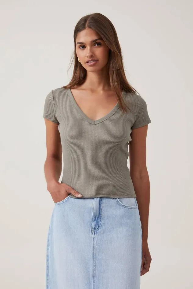 Women Tops Cotton On Rory V Neck Short Sleeve Tee Woodland