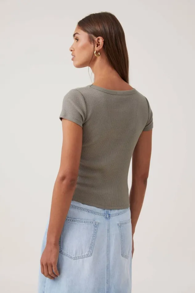 Women Tops Cotton On Rory V Neck Short Sleeve Tee Woodland