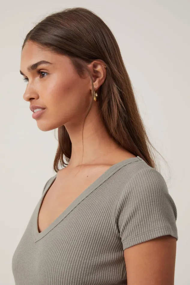 Women Tops Cotton On Rory V Neck Short Sleeve Tee Woodland