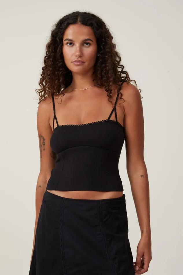 Women Tops Cotton On Sally Picot Trim Cami Black