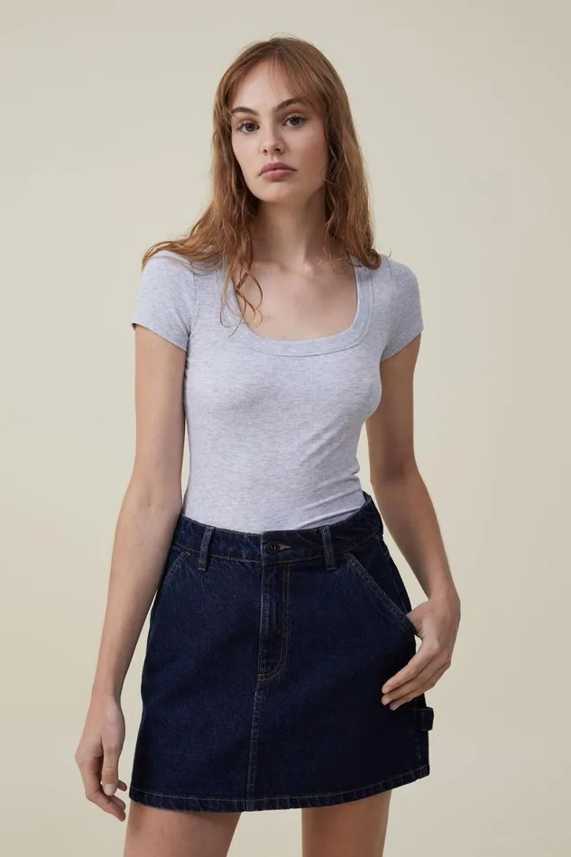 Women Tops Cotton On Staple Rib Scoop Neck Short Sleeve Top Grey Marle