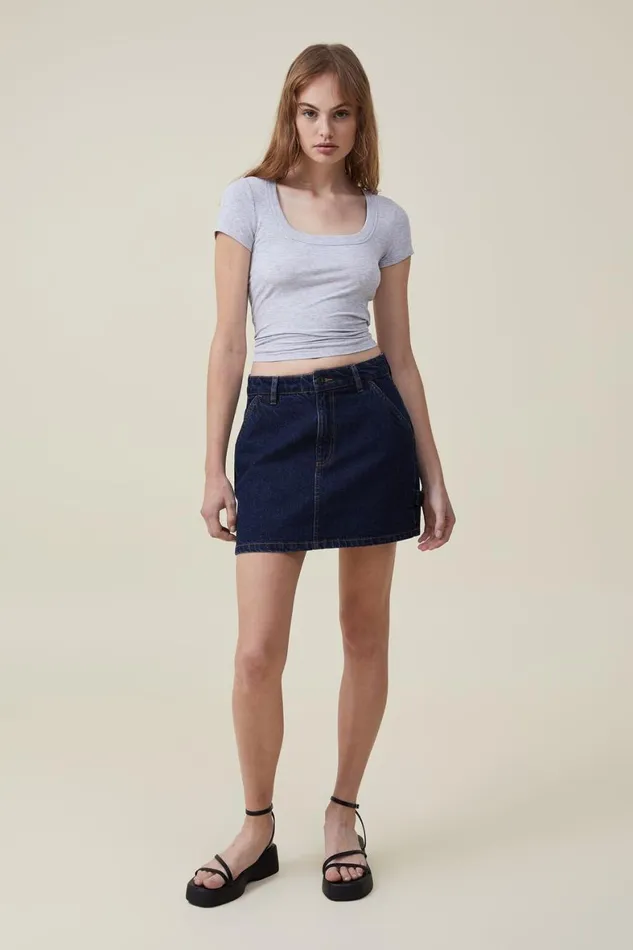 Women Tops Cotton On Staple Rib Scoop Neck Short Sleeve Top Grey Marle