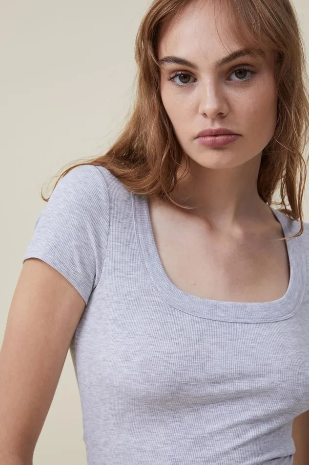 Women Tops Cotton On Staple Rib Scoop Neck Short Sleeve Top Grey Marle