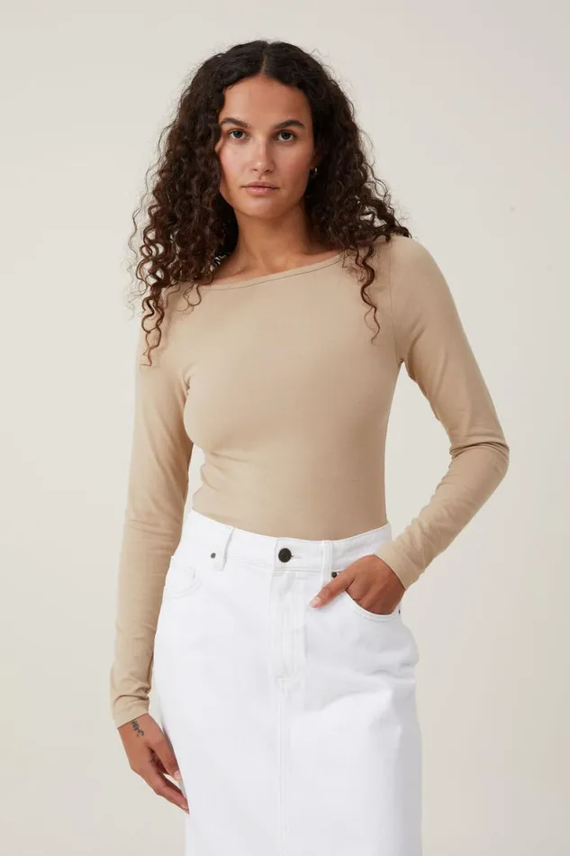 Women Tops Cotton On The One Basic Boat Neck Long Sleeve Top Mid Taupe