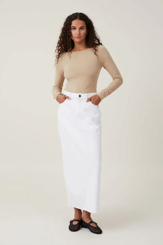 Women Tops Cotton On The One Basic Boat Neck Long Sleeve Top Mid Taupe