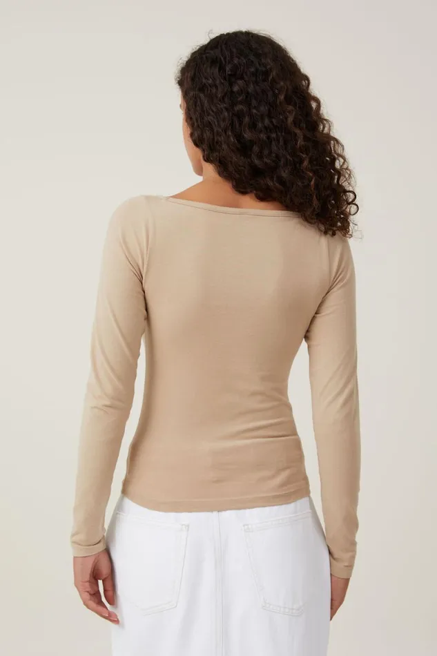 Women Tops Cotton On The One Basic Boat Neck Long Sleeve Top Mid Taupe