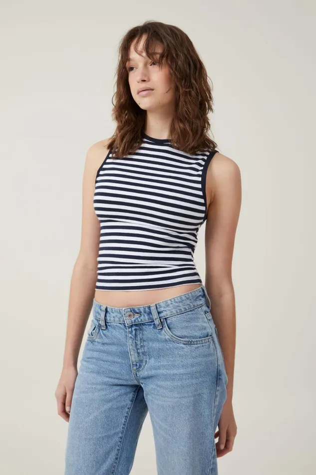 Women Tops Cotton On The One Basic High Neck Tank Cara Stripe Whiteink Navy
