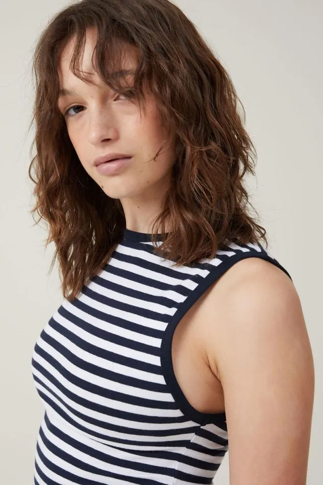 Women Tops Cotton On The One Basic High Neck Tank Cara Stripe Whiteink Navy