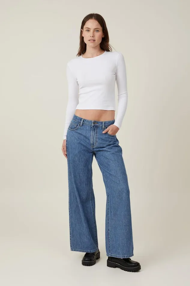 Women Tops Cotton On The One Organic Rib Crew Long Sleeve Top White