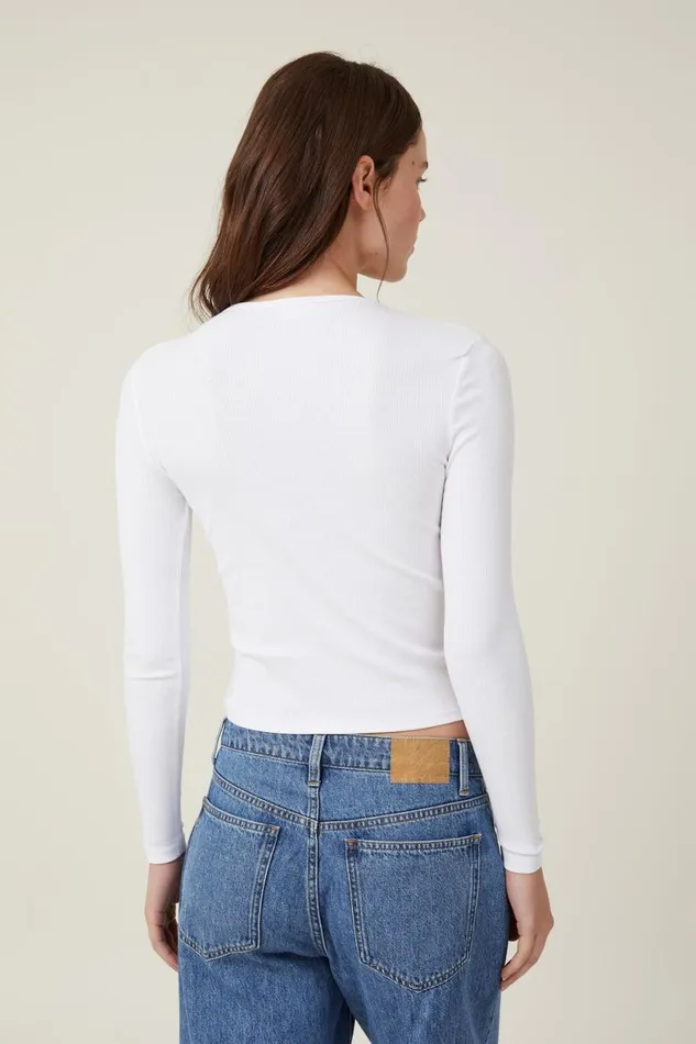 Women Tops Cotton On The One Organic Rib Crew Long Sleeve Top White