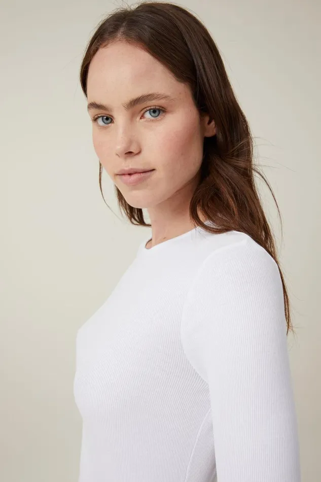 Women Tops Cotton On The One Organic Rib Crew Long Sleeve Top White