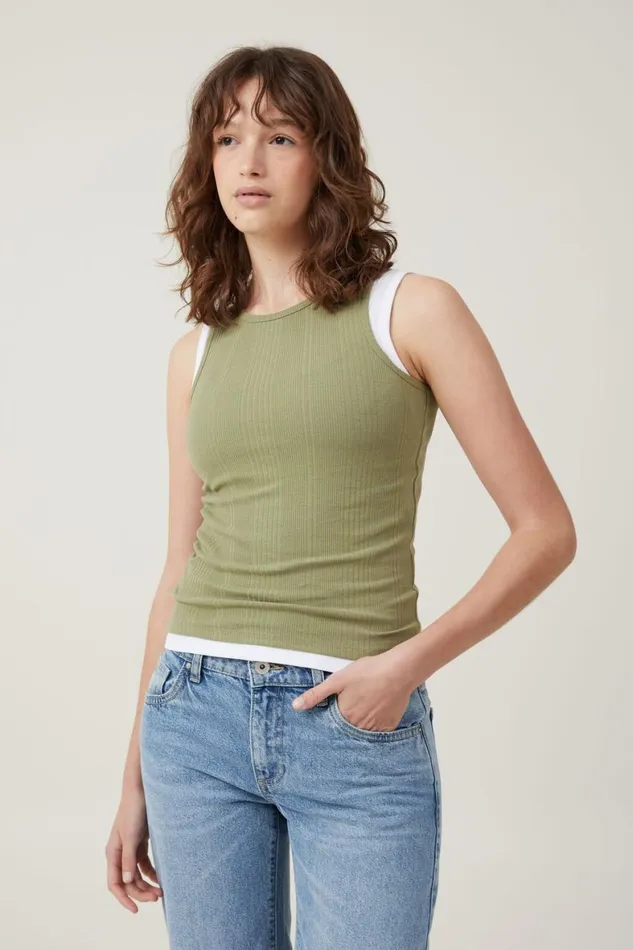 Women Tops Cotton On The One Organic Variegated Rib High Neck Tank Cool Khaki