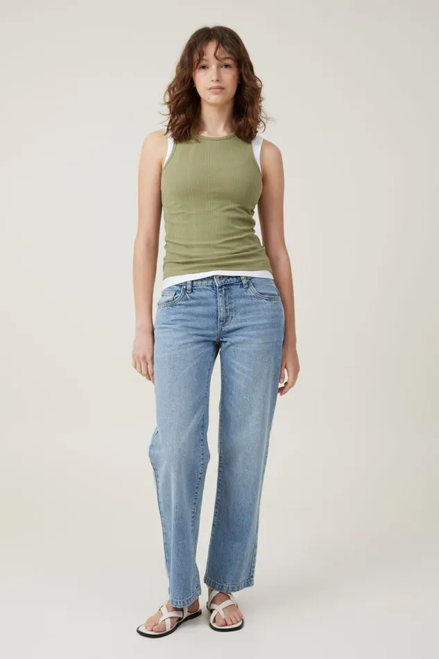 Women Tops Cotton On The One Organic Variegated Rib High Neck Tank Cool Khaki