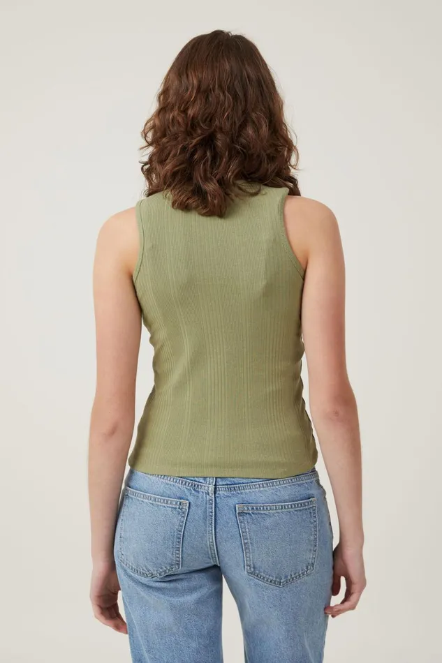 Women Tops Cotton On The One Organic Variegated Rib High Neck Tank Cool Khaki