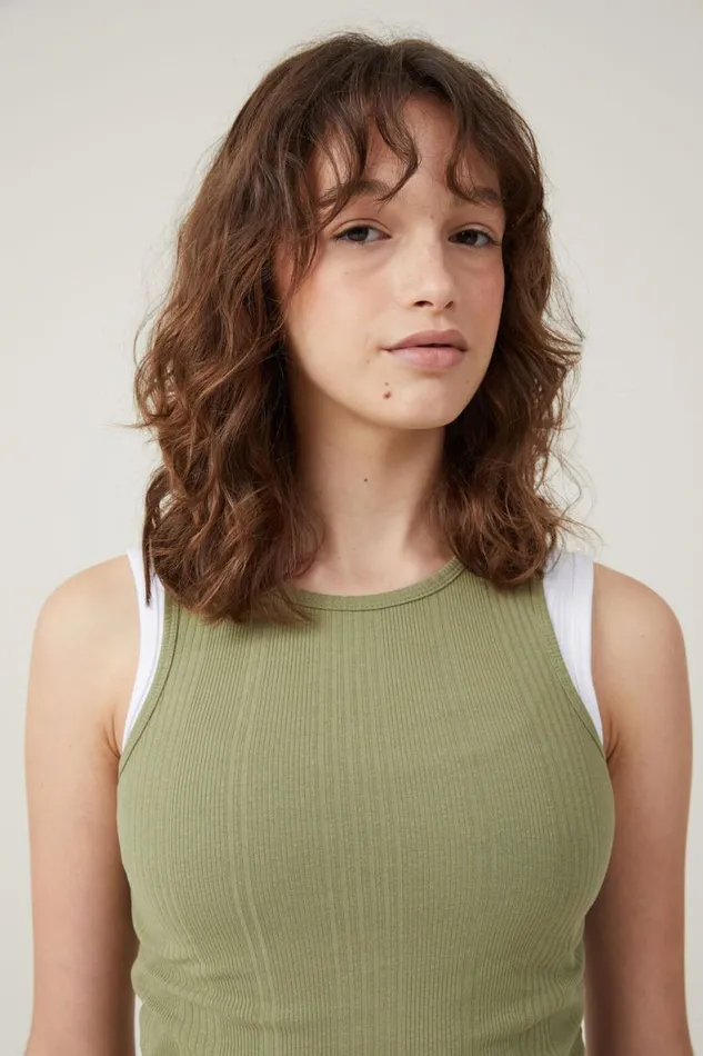 Women Tops Cotton On The One Organic Variegated Rib High Neck Tank Cool Khaki