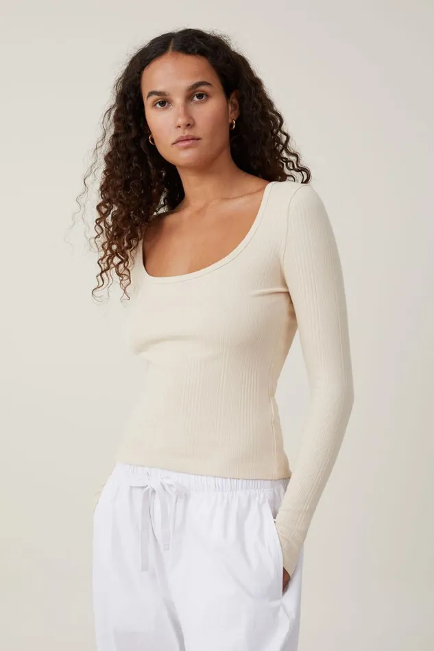 Women Tops Cotton On The One Organic Variegated Rib Scoop Long Sleeve Stone