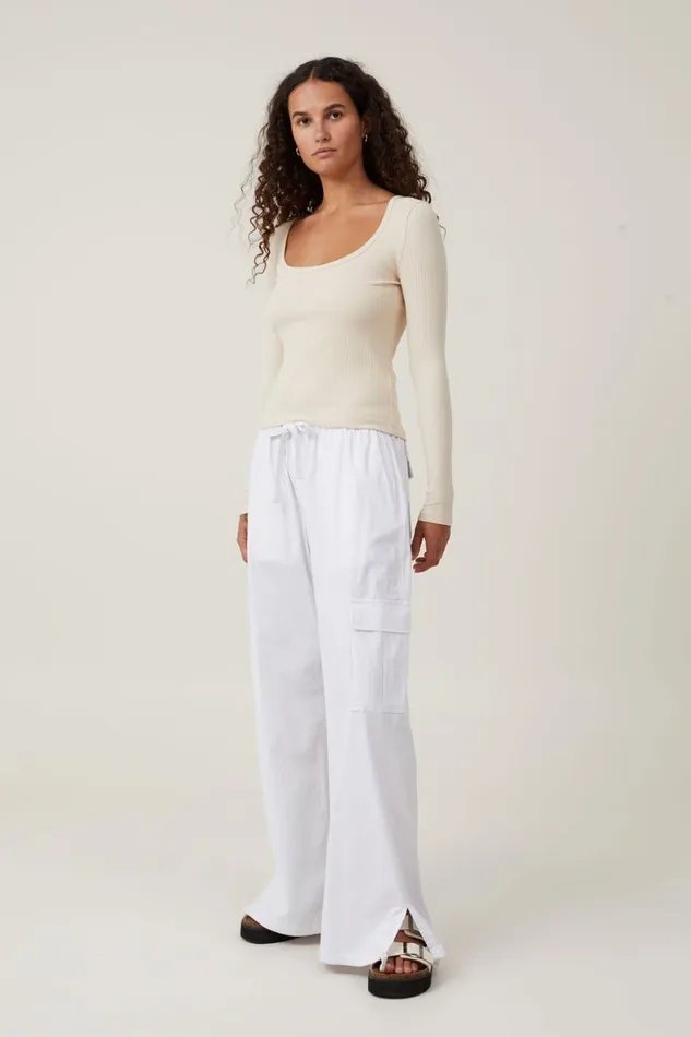 Women Tops Cotton On The One Organic Variegated Rib Scoop Long Sleeve Stone