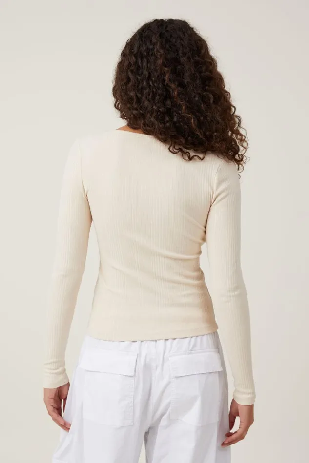 Women Tops Cotton On The One Organic Variegated Rib Scoop Long Sleeve Stone