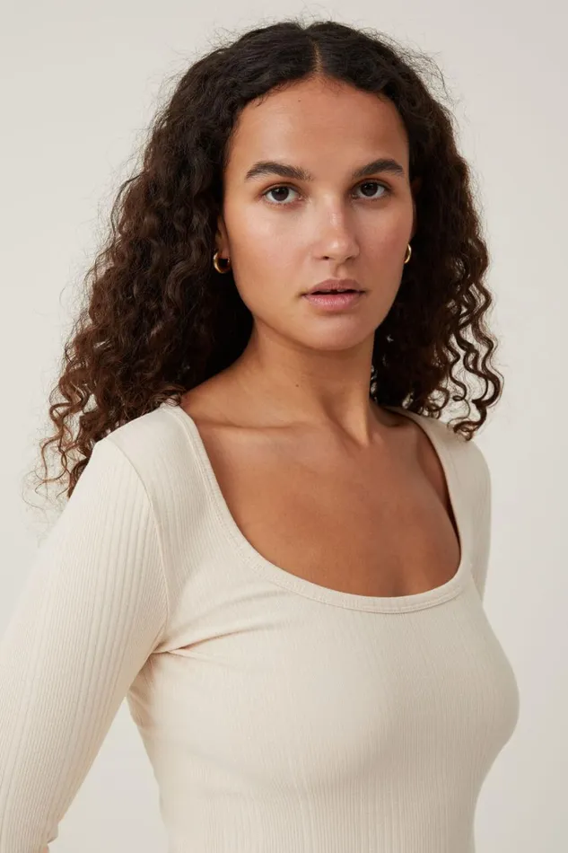 Women Tops Cotton On The One Organic Variegated Rib Scoop Long Sleeve Stone