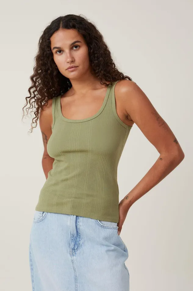 Women Tops Cotton On The One Organic Variegated Rib Scoop Neck Tank Cool Khaki
